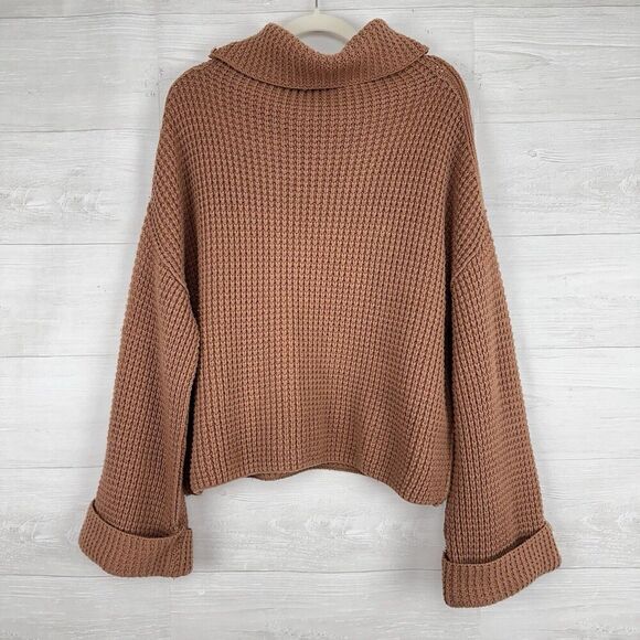 Free People Oversized Slouchy Sweater M Brown Pullover Cowl Neck Chunky Knit - Picture 2 of 14
